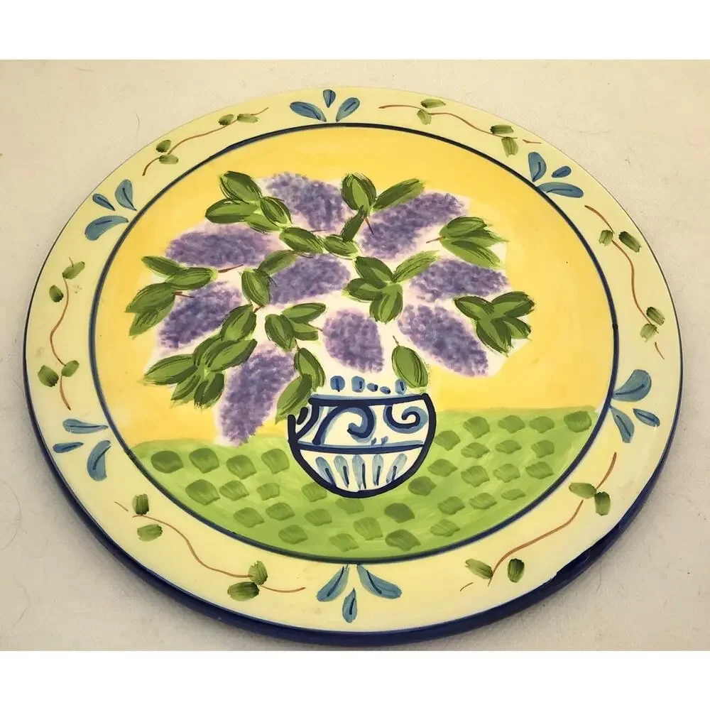 Ceramic Trivet Hot Plate Counter Decor Floral Pottery Yellow Blue 7.5